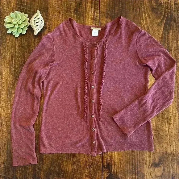 J. Crew | 90’s Mauve Wool Blend Cardigan w/Ruffle Detail - Picture 1 of 6